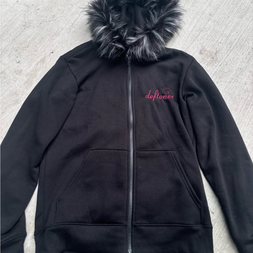 Black Deftones Hoodie with Faux Fur and Red Embroidery